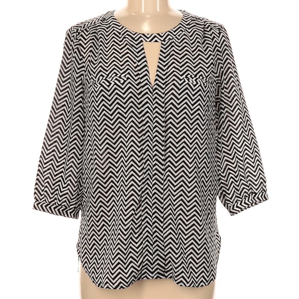 French Connection Keyhole sz 6 Dress Blouse 3/4 sleeve Black/White Chevron Top